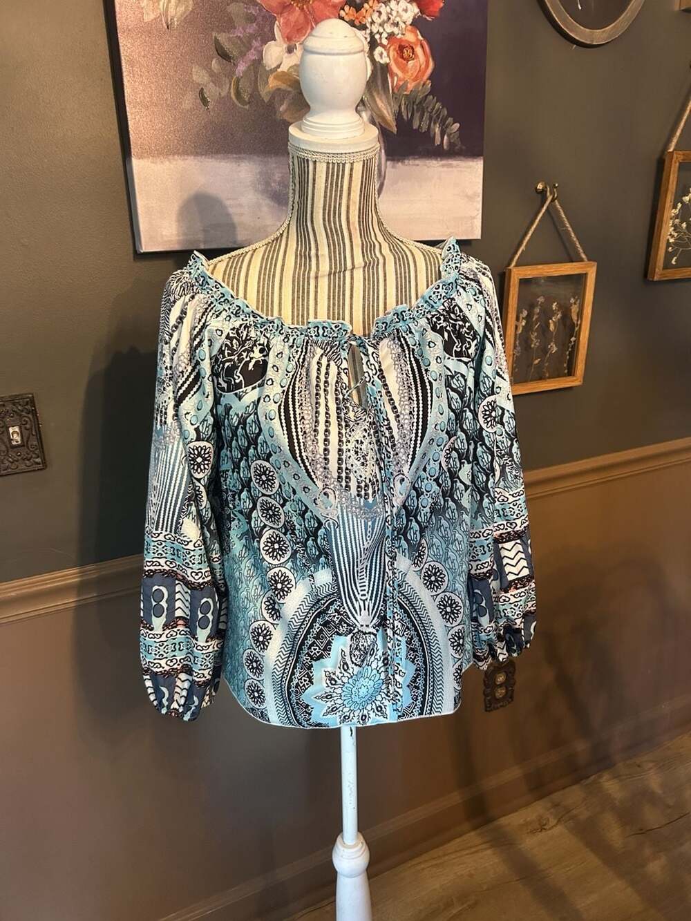 SHEIN Blue Black White Paisley Print Long Sleeve Blouse Top